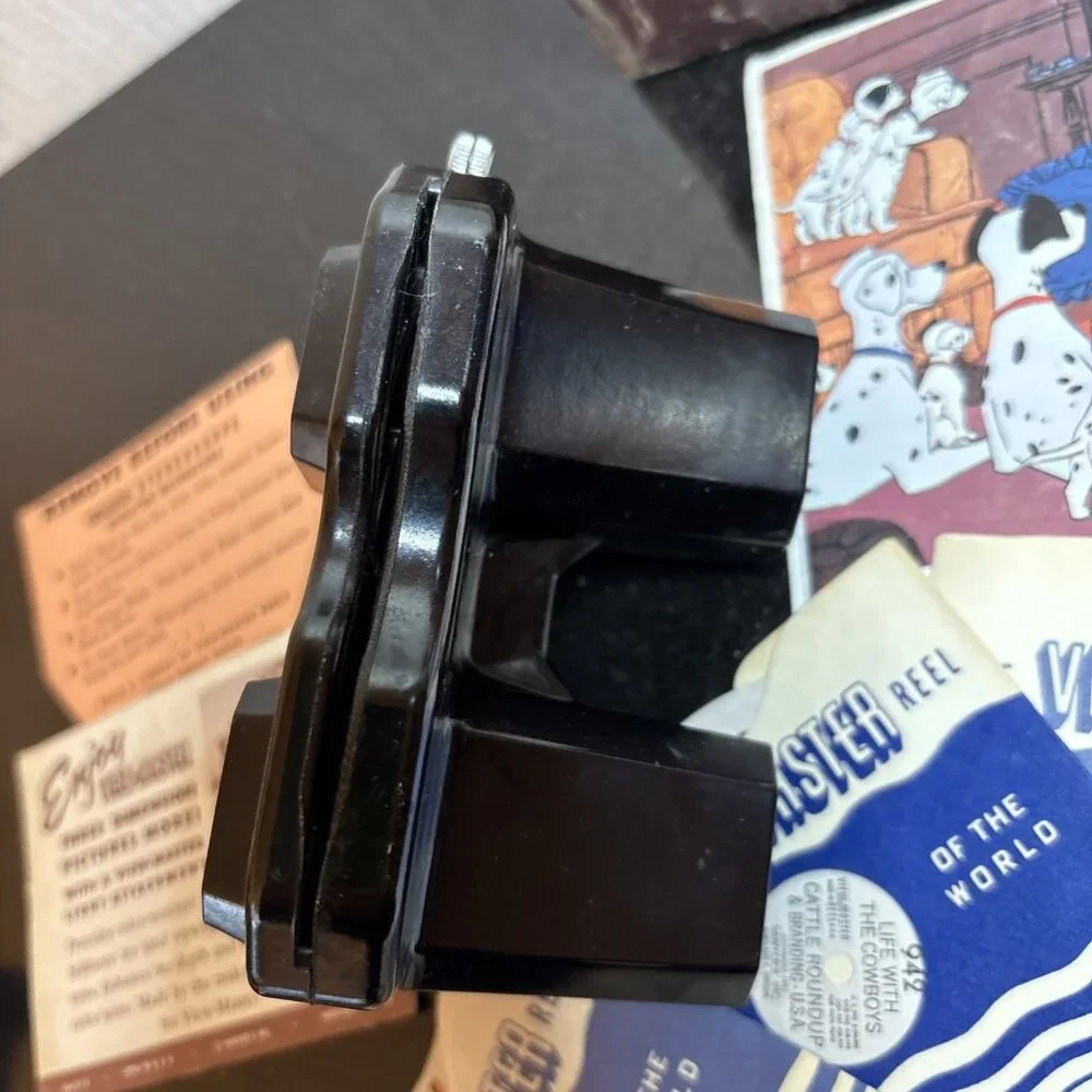 View Master Stereoscope Lot w Storage Box 4 Reels 1950s Vintage Bakelite Sawyers
